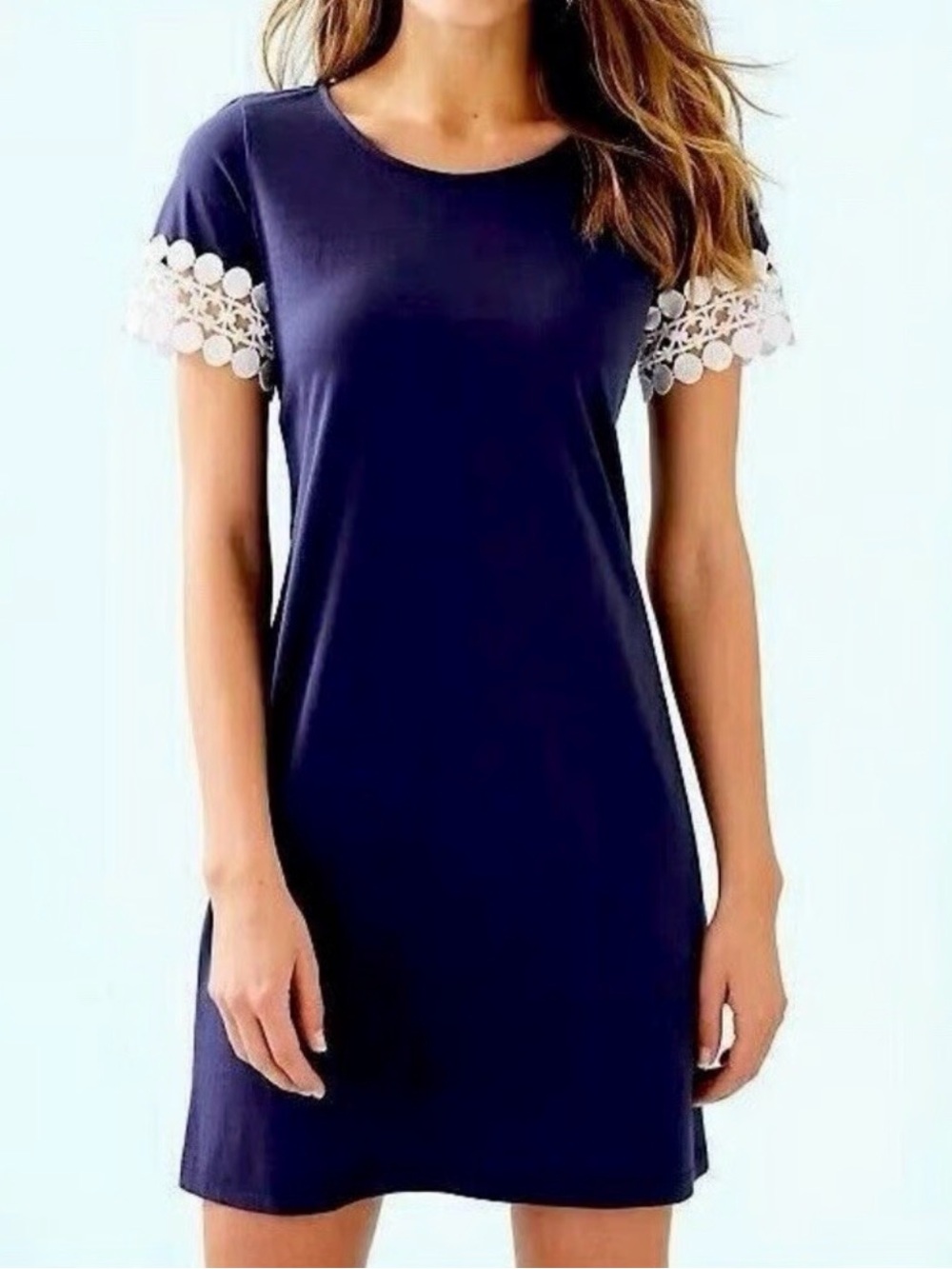 Lilly Pulitzer Hayes Navy Mini Cotton Dress White Lace Sleeve Details, Size XS